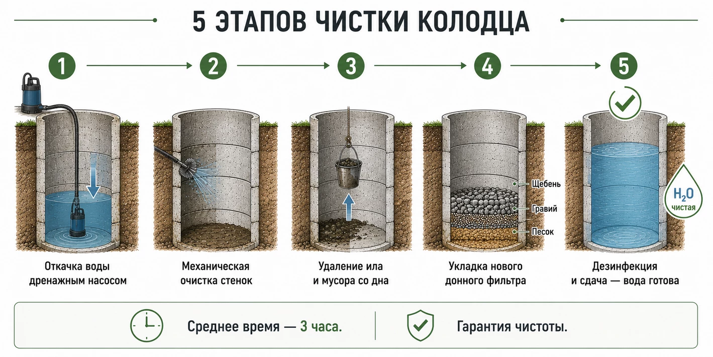 5 этапов чистки колодца — откачка, очистка стенок, очистка дна, замена фильтра, дезинфекция