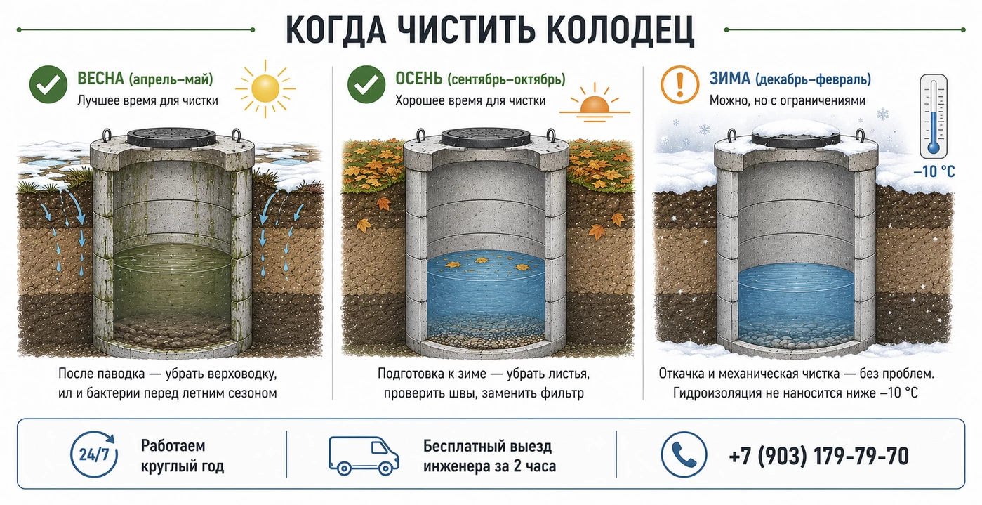 Когда лучше чистить колодец — весной, осенью или зимой. Рекомендации по сезонной чистке колодца в Волоколамском районе