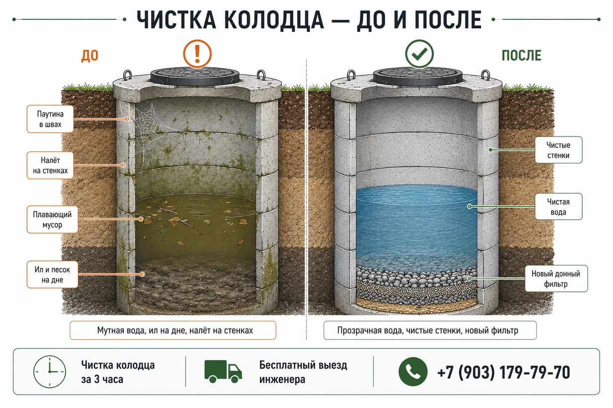 Чистка колодца в Волоколамском районе — результат до и после: прозрачная вода, чистые стенки, новый донный фильтр