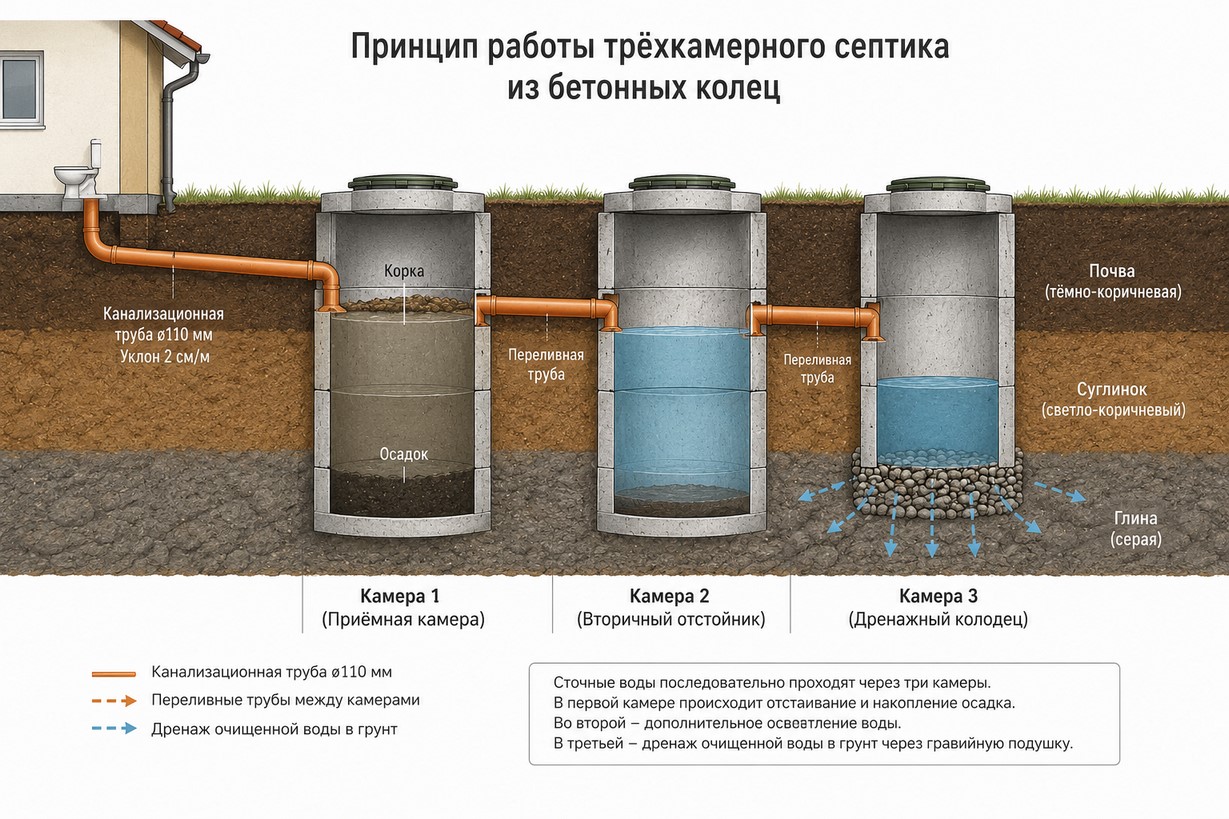Схема работы трёхкамерного септика из бетонных колец — приёмная камера, отстойник, дренажный колодец