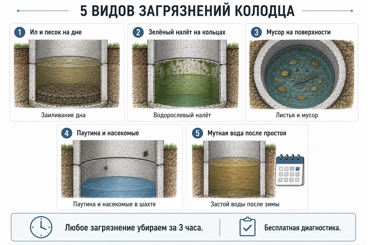 Виды загрязнений колодца — ил, зелёный налёт, мусор, паутина, застой воды