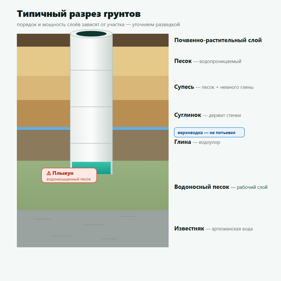 Типичный разрез грунтов при копке колодца: почвенный слой, песок, супесь, суглинок, глина (водоупор), водоносный песок, известняк; отмечены плывун и верховодка