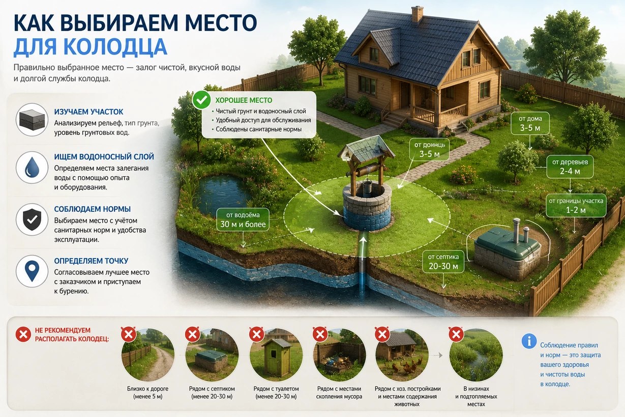 Как выбираем место для колодца: от дома 3–5 м, от деревьев 2–4 м, от границы участка 1–2 м, от водоёма от 30 м, от септика 20–30 м; не располагать близко к дороге, септику, туалету, местам мусора, хозпостройкам и в низинах