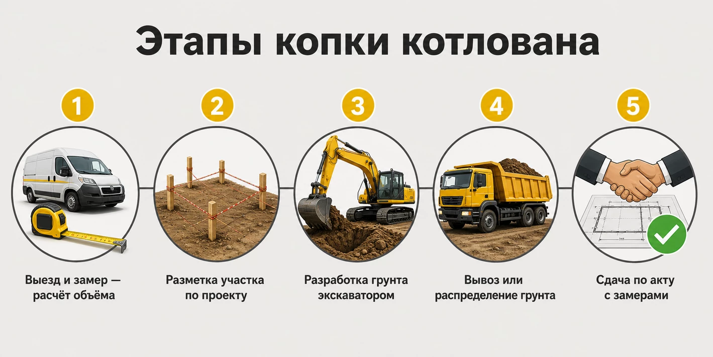 Этапы копки котлована: выезд и замер, разметка, разработка грунта экскаватором, вывоз грунта, сдача по акту